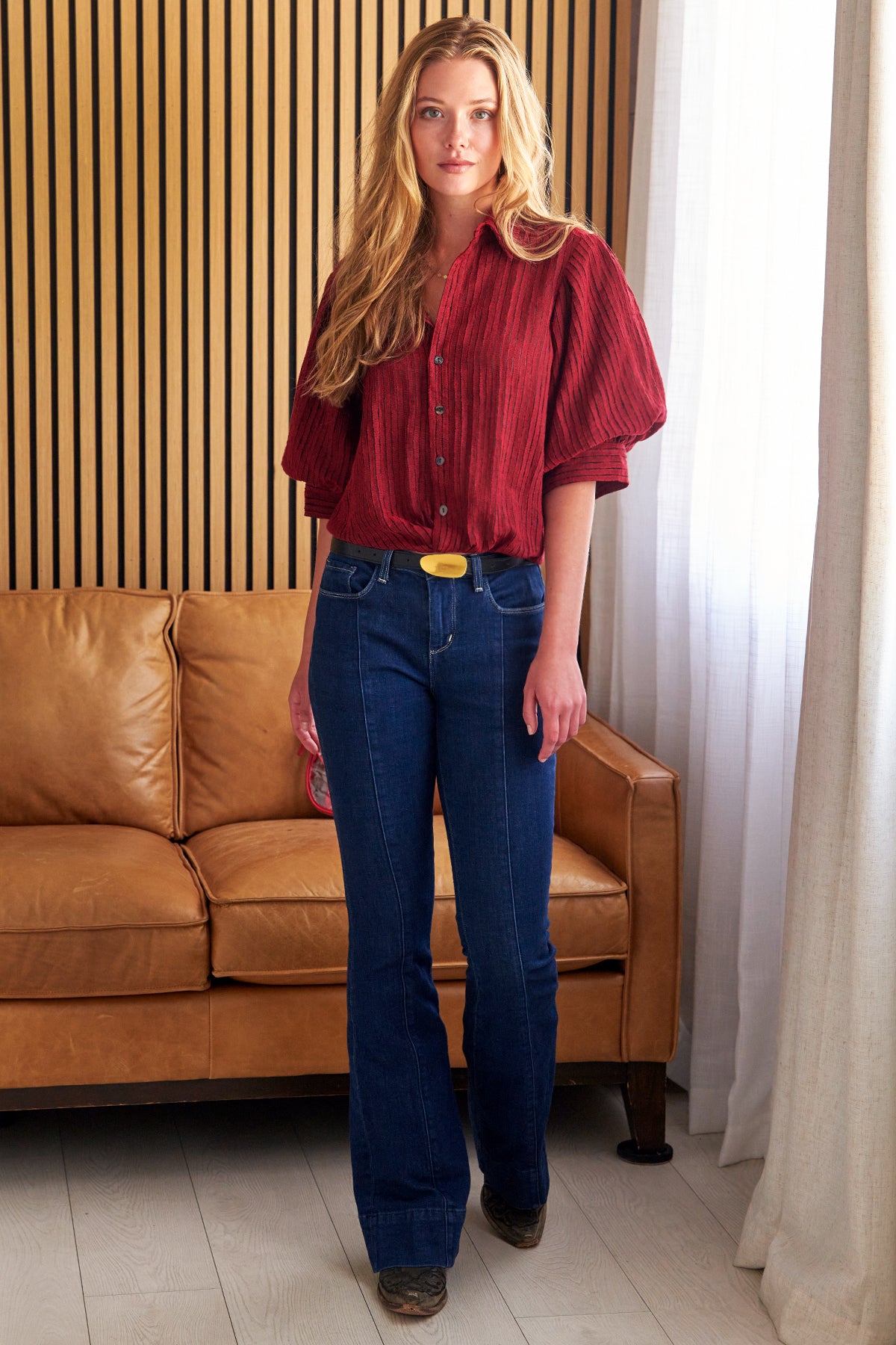 GAMEDAY!!  Bomba Twist-Hem Short Sleeve Shirt, Red Open Weave Stripe