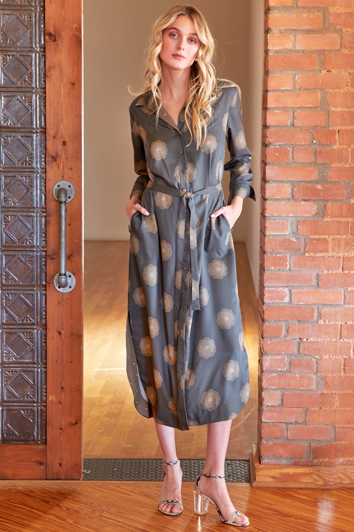 Harlowe Shirtdress, Pewter Medallion Print
