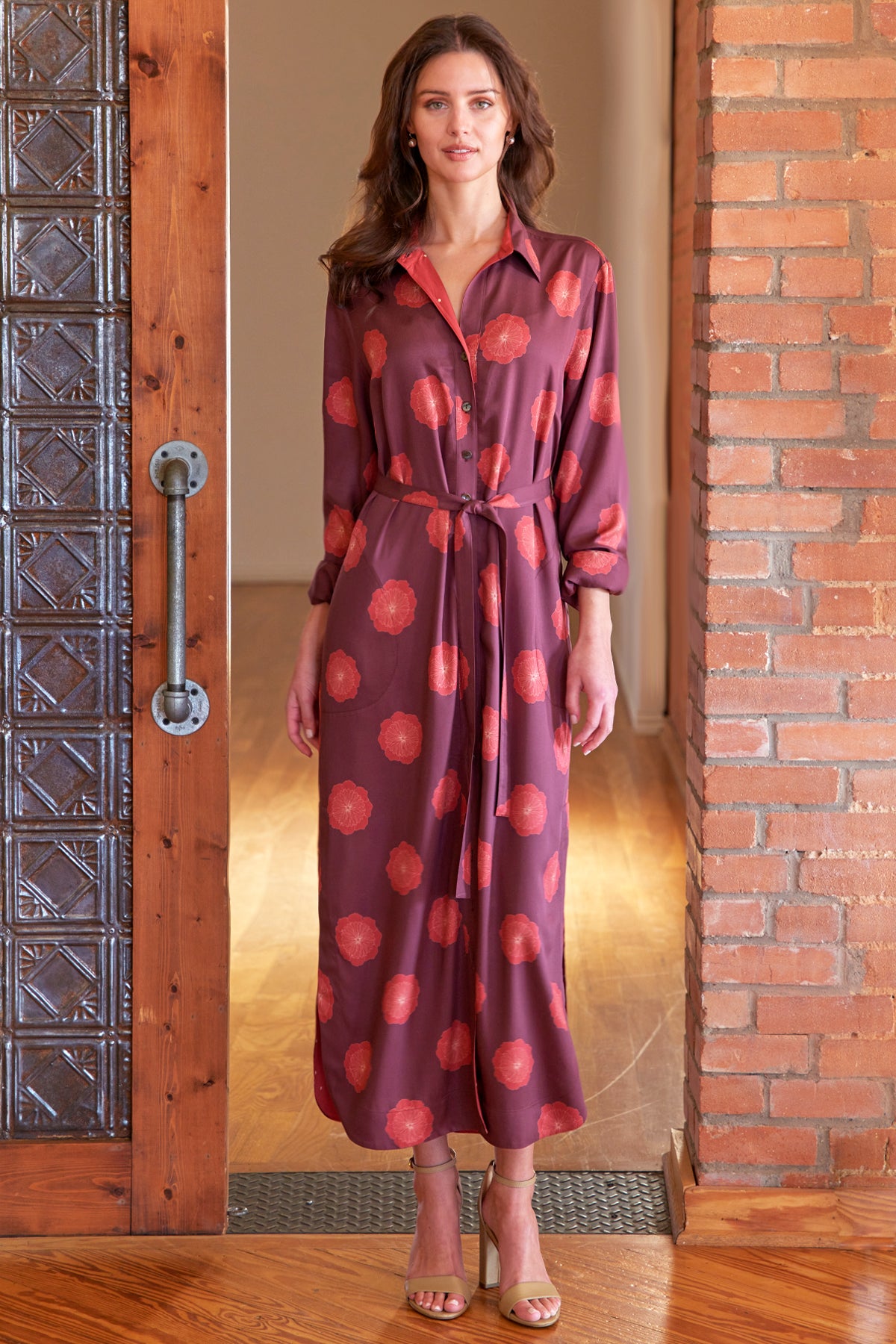 Harlowe Shirtdress, Wine Medallion Print