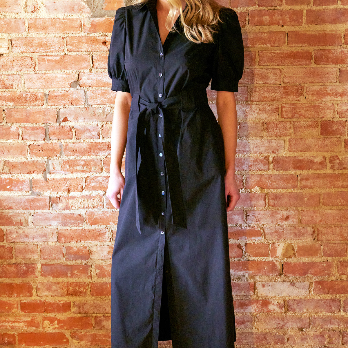 Harper Tie Front Maxi Shirt Dress Black Weathercloth