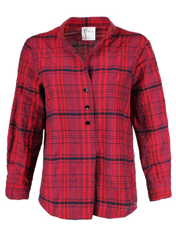 A front view of the Finley Henri blouse, a purple and red plaid button down long sleeve women's blouse with a relaxed shape and a band collar.