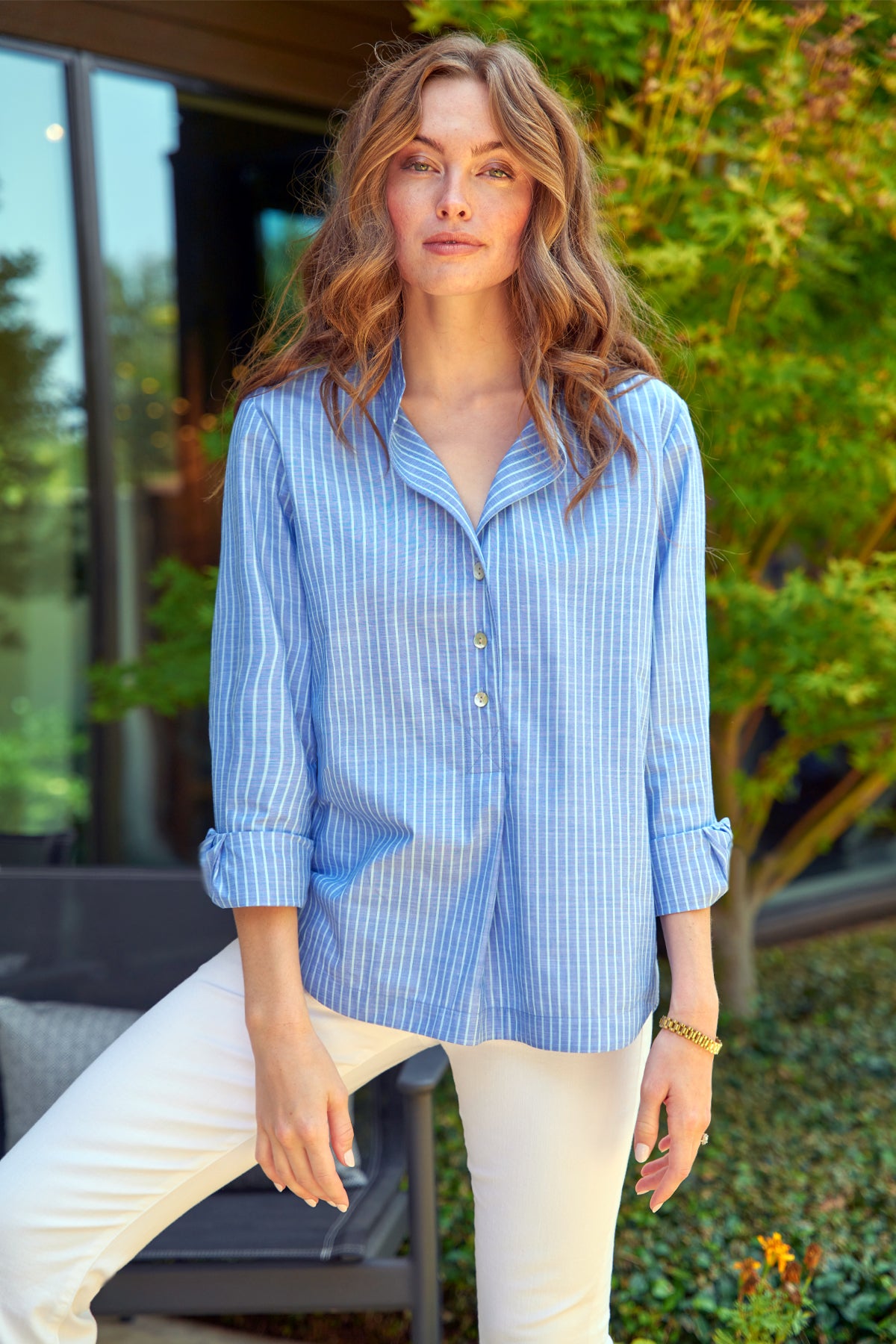 Henri Popover Top Chambray Stripe
