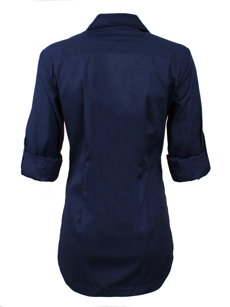A rear view of the Finley Joey designer blouse, a casual button down navy designer shirt with a vintage tailored fit.