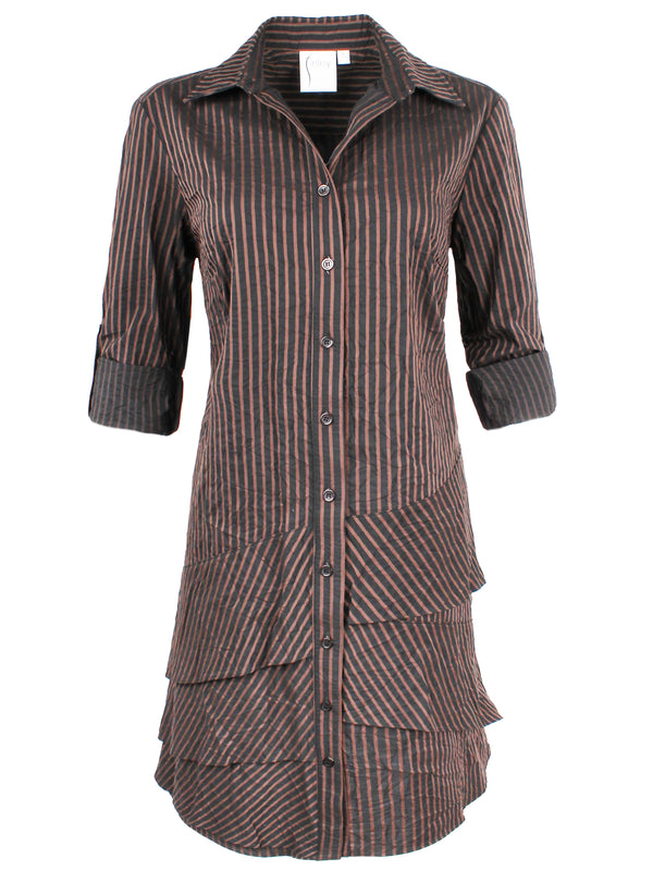 A front view of the Finley Jenna dress, a pink & brown striped shirt dress with a relaxed contour and ruffle hem accents.