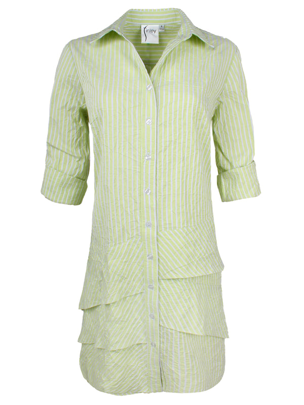 A front view of the Finley Jenna dress, a lime green striped shirt dress with a relaxed contour and ruffle hem accents.