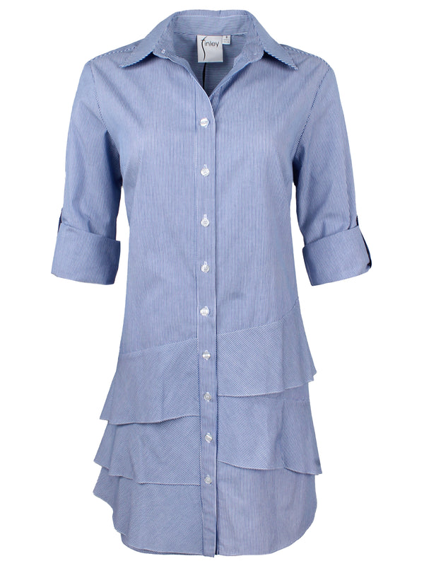 A front view of the Finley Jenna dress, a sky blue striped shirt dress with a relaxed contour and ruffle hem accents.
