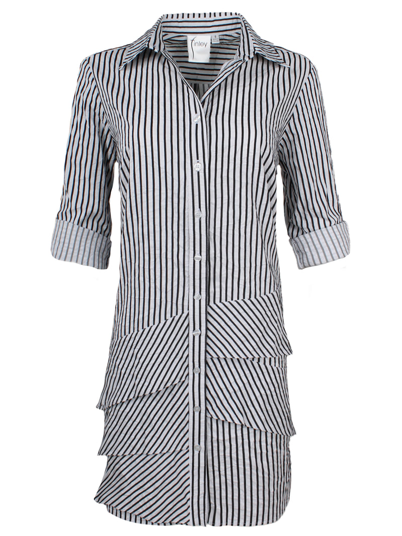 A front view of the Finley Jenna dress, a black & white striped shirt dress with a relaxed contour and ruffle hem accents.