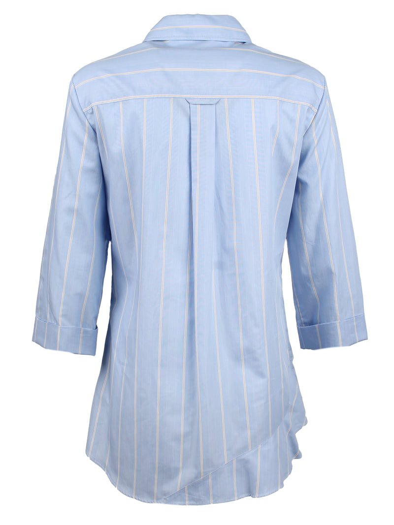 A rear view of the Finley Jenna blouse, a button down blue designer shirt with a ruffle tier hem, yellow stripes, and a relaxed fit.