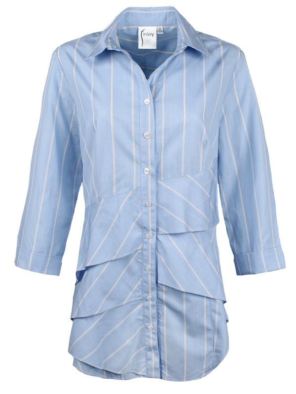 A front view of the Finley Jenna blouse, a button down blue designer shirt with a ruffle tier hem, yellow stripes, and a relaxed fit.