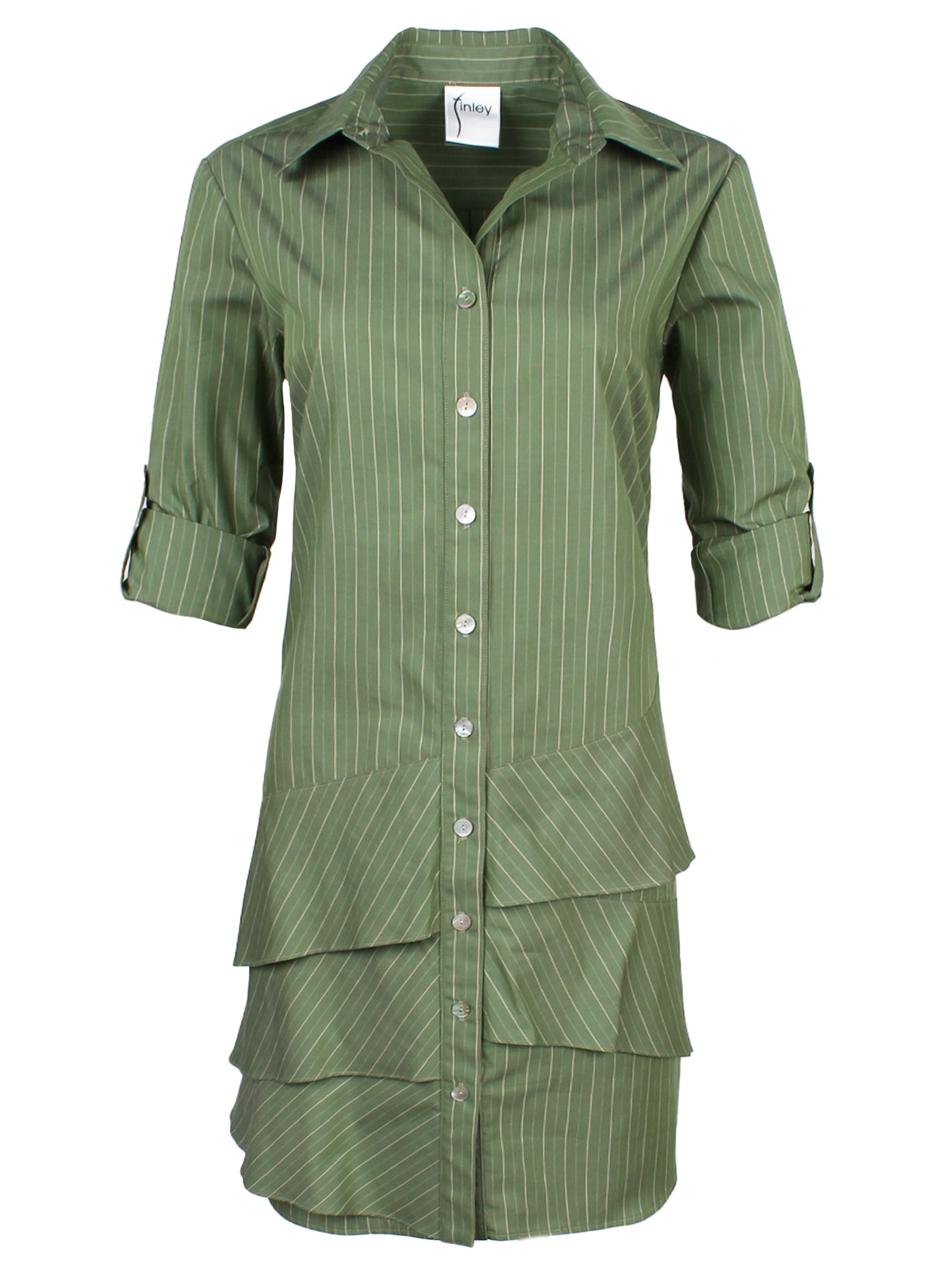 A front view of the Finley Jenna shirt dress, an olive green cotton shirtdress with tab sleeves and a ruffle hem bias flounce accent.