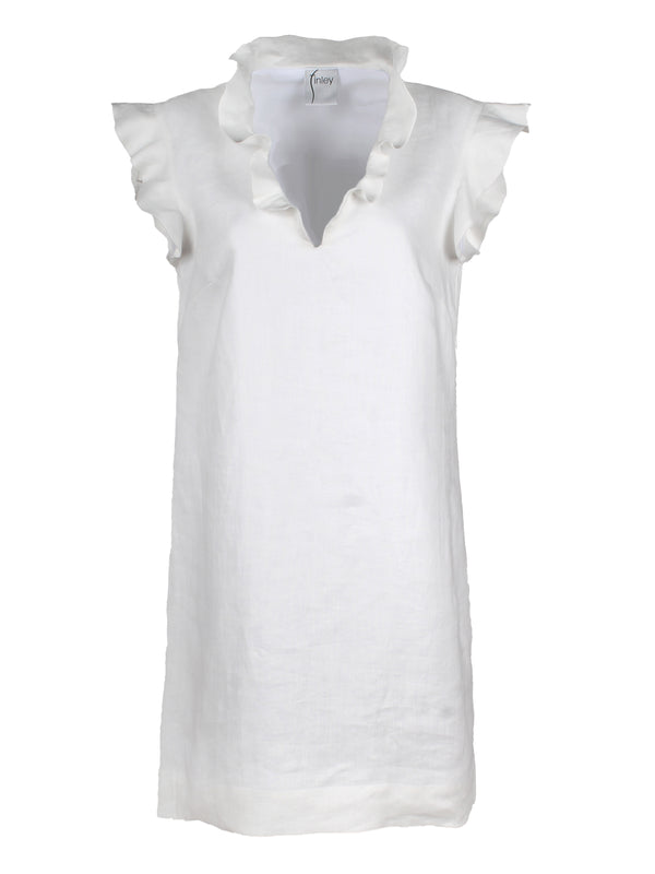 A front view of the Finley Jonathan dress, a white washed linen mini dress with flutter cap sleeves and a shift silhouette.