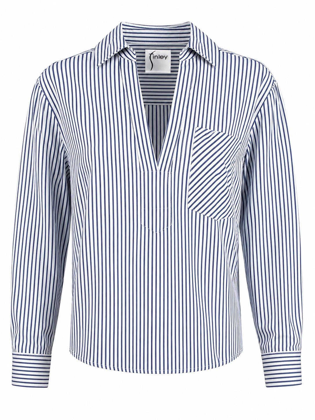 Joni Long Sleeve Poplin Popover Blouse, Blue & White Menswear Stripe