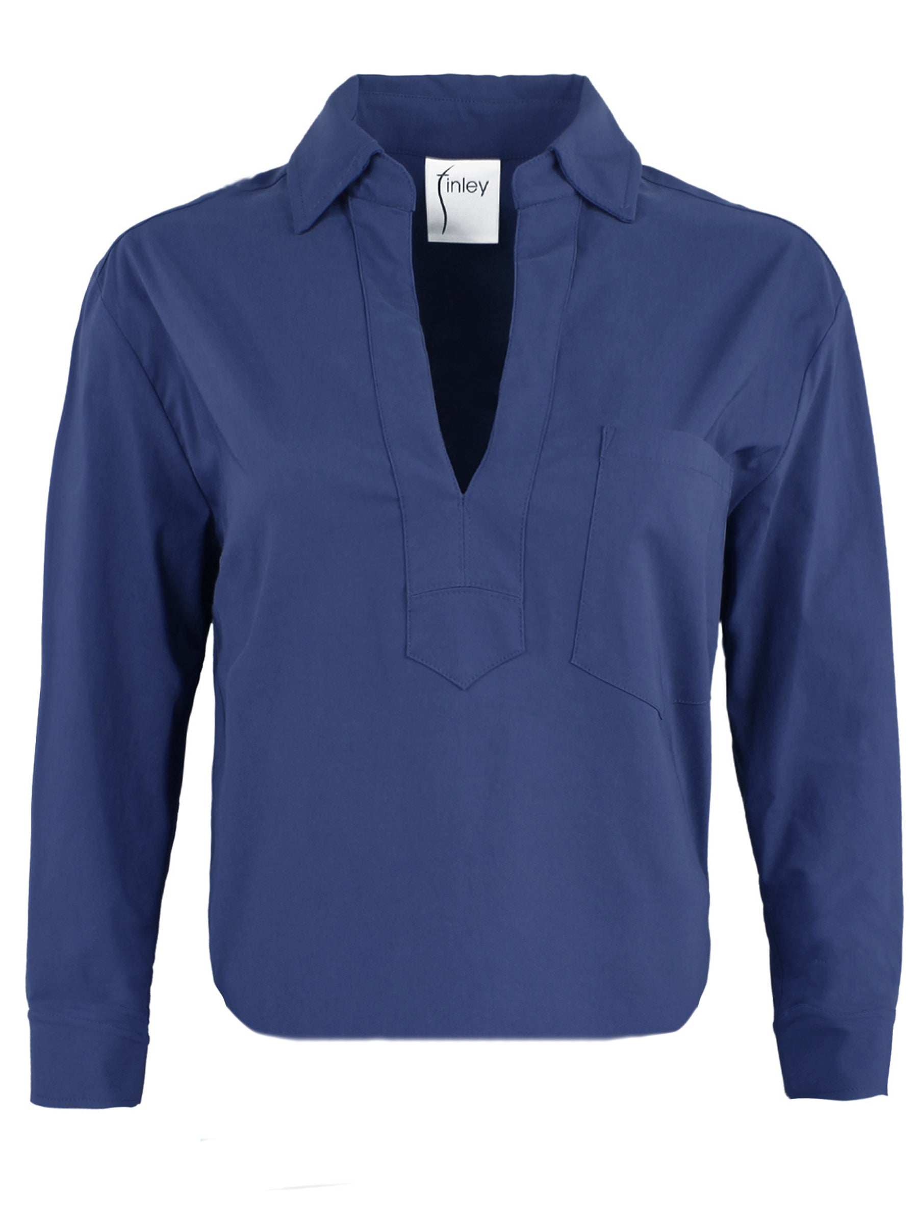 Front view of Finley Joni navy poplin blouse: V neckline, spread collar, long sleeves with button cuffs, shirttail hem.
