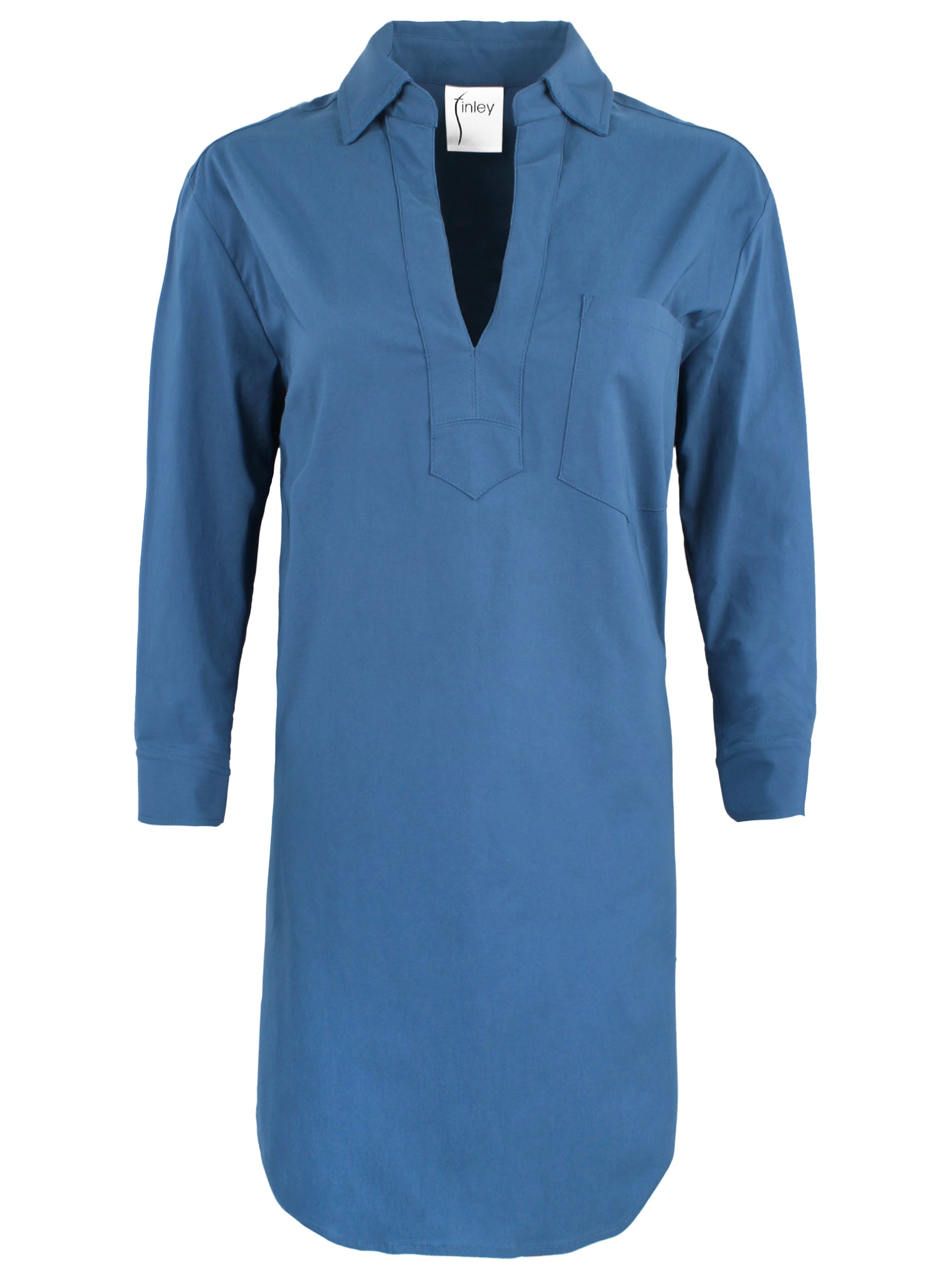 Front view of Finley Julia shirt dress: wrinkle-resistant stretch viscose blend, deep V, long sleeves, chest pocket, knee-length.