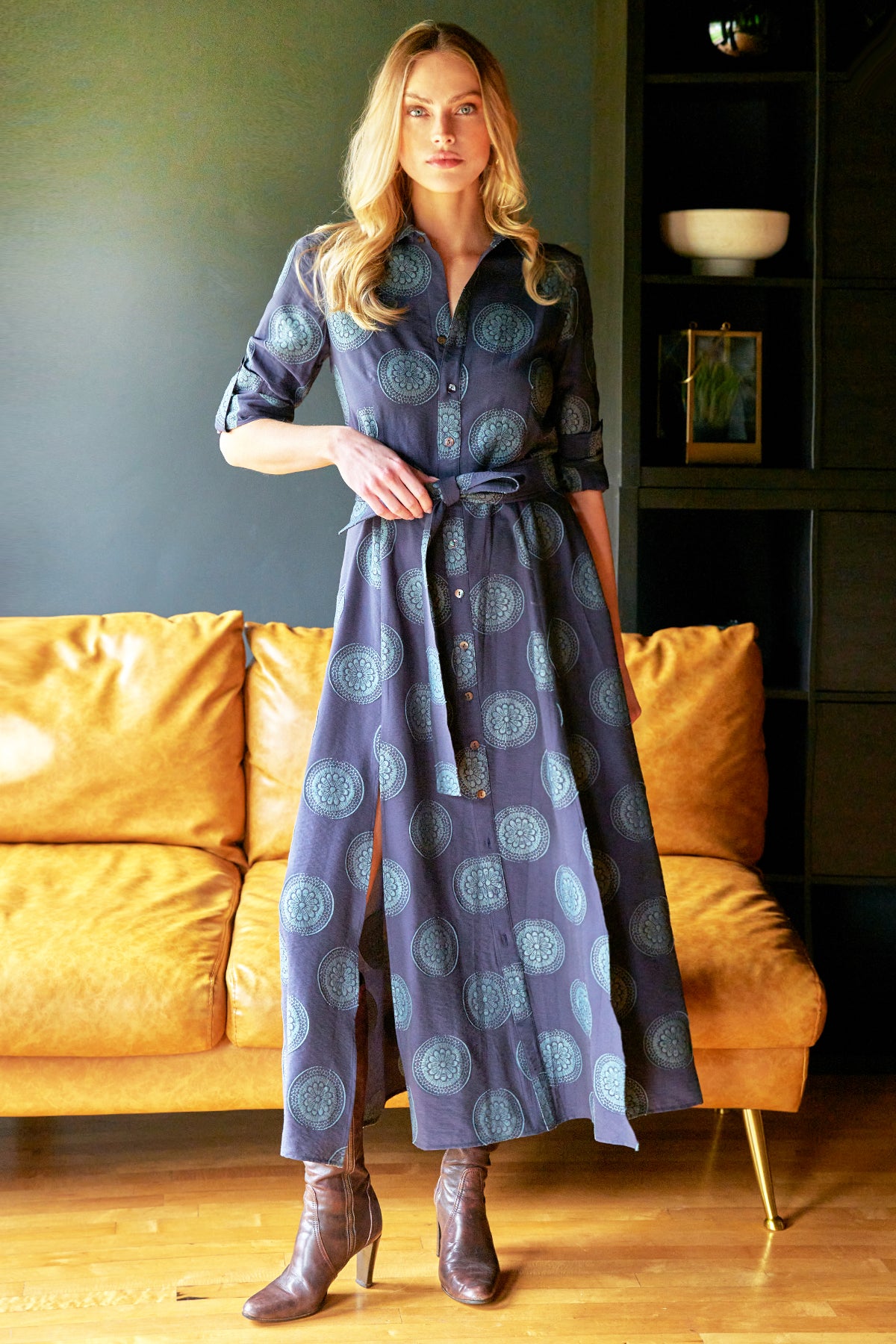 Laine Shirt Dress Navy/Teal Medallion Jacquard