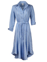 A front view of the Finley Leonardo dress, a sky blue tie front button down long sleeve maxi dress.