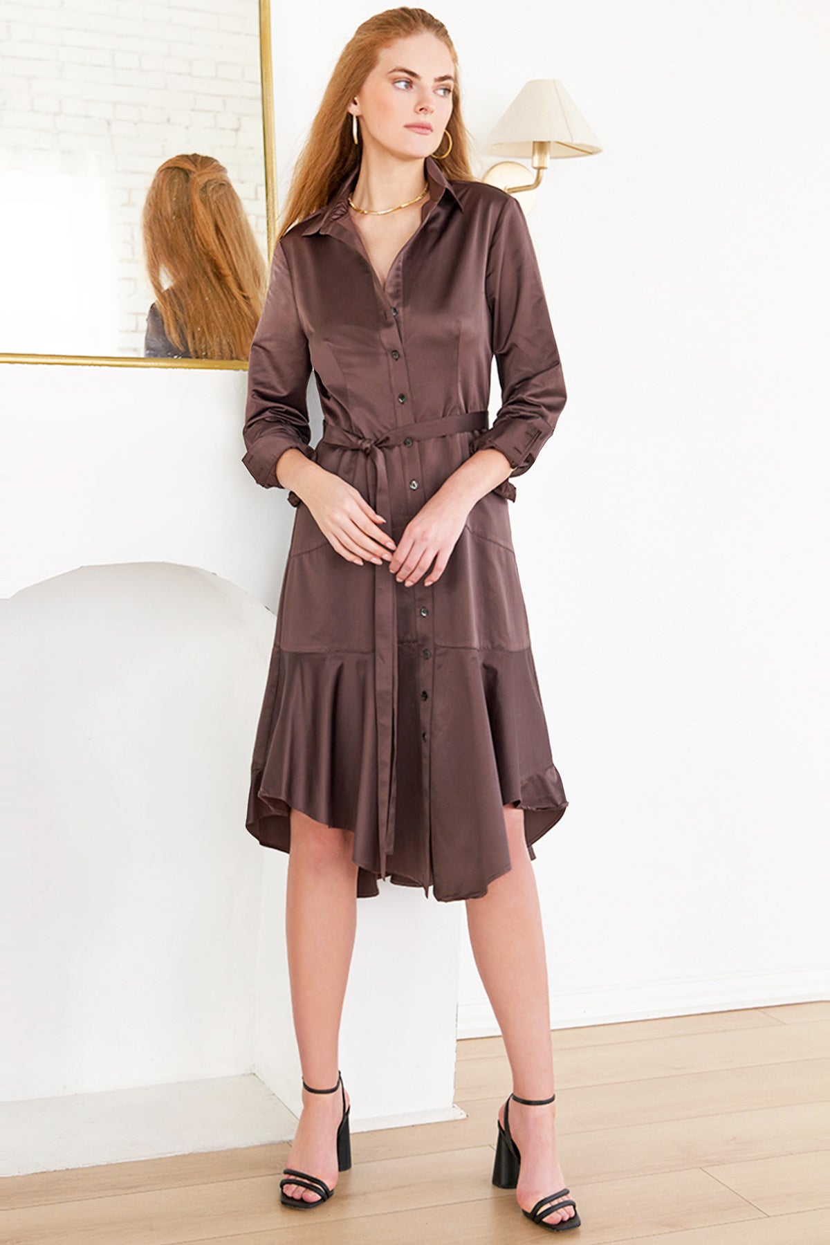 Leonardo | Tie Front Button-Down Chocolate Brown Satin Midi Dress