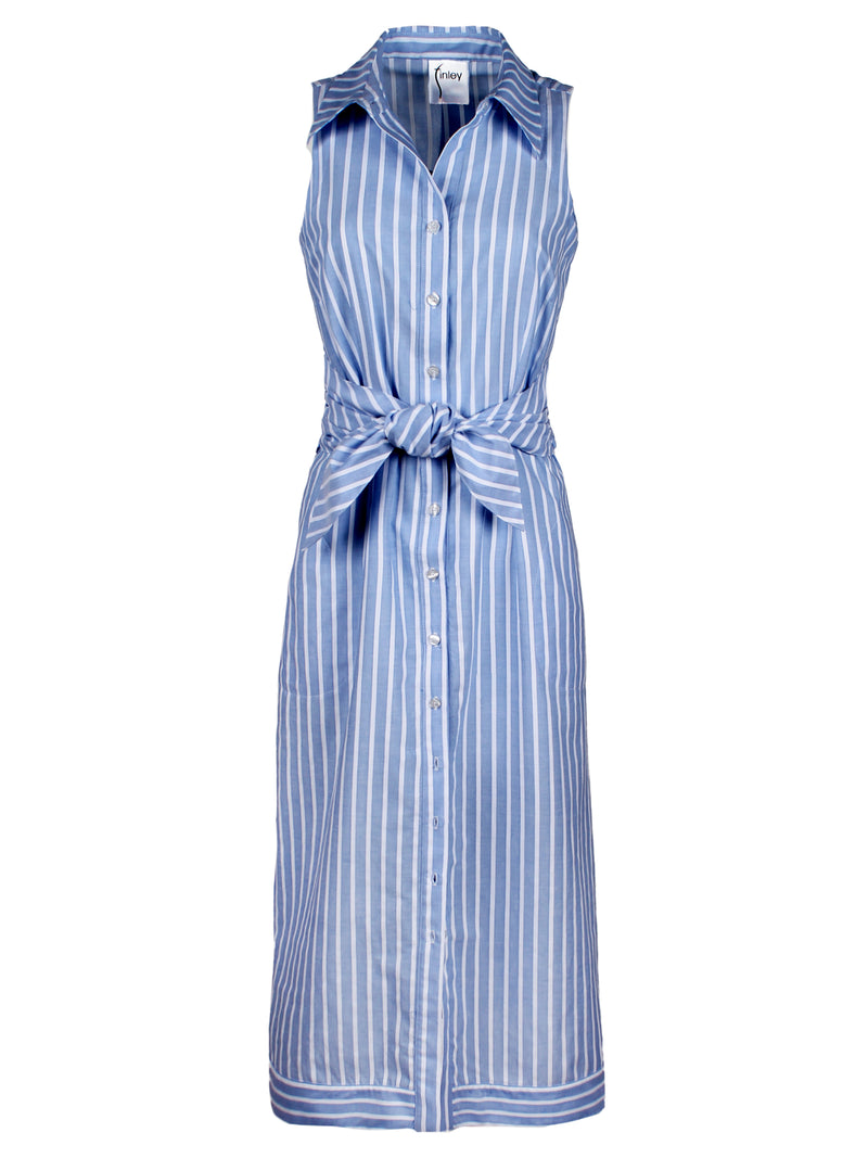 A front view of the Finley Ellis dress, a sleeveless maxi tie-front shirt dress with blue & white stripe and an A-line silhouette.