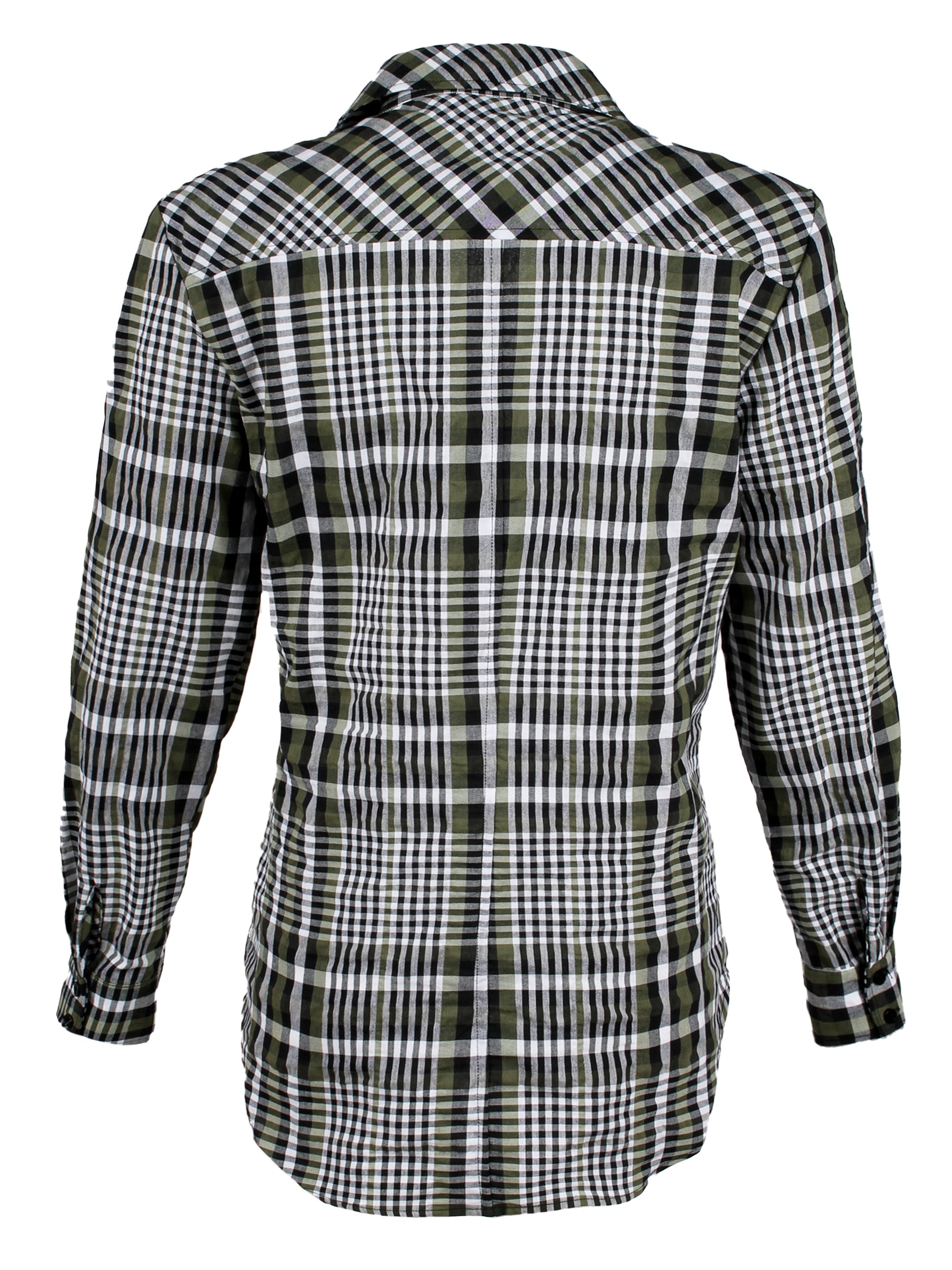 A rear view of the Finley Endora shirt, a half-zip 100% cotton sateen stretch poplin pullover blouse with a navy paisley print.