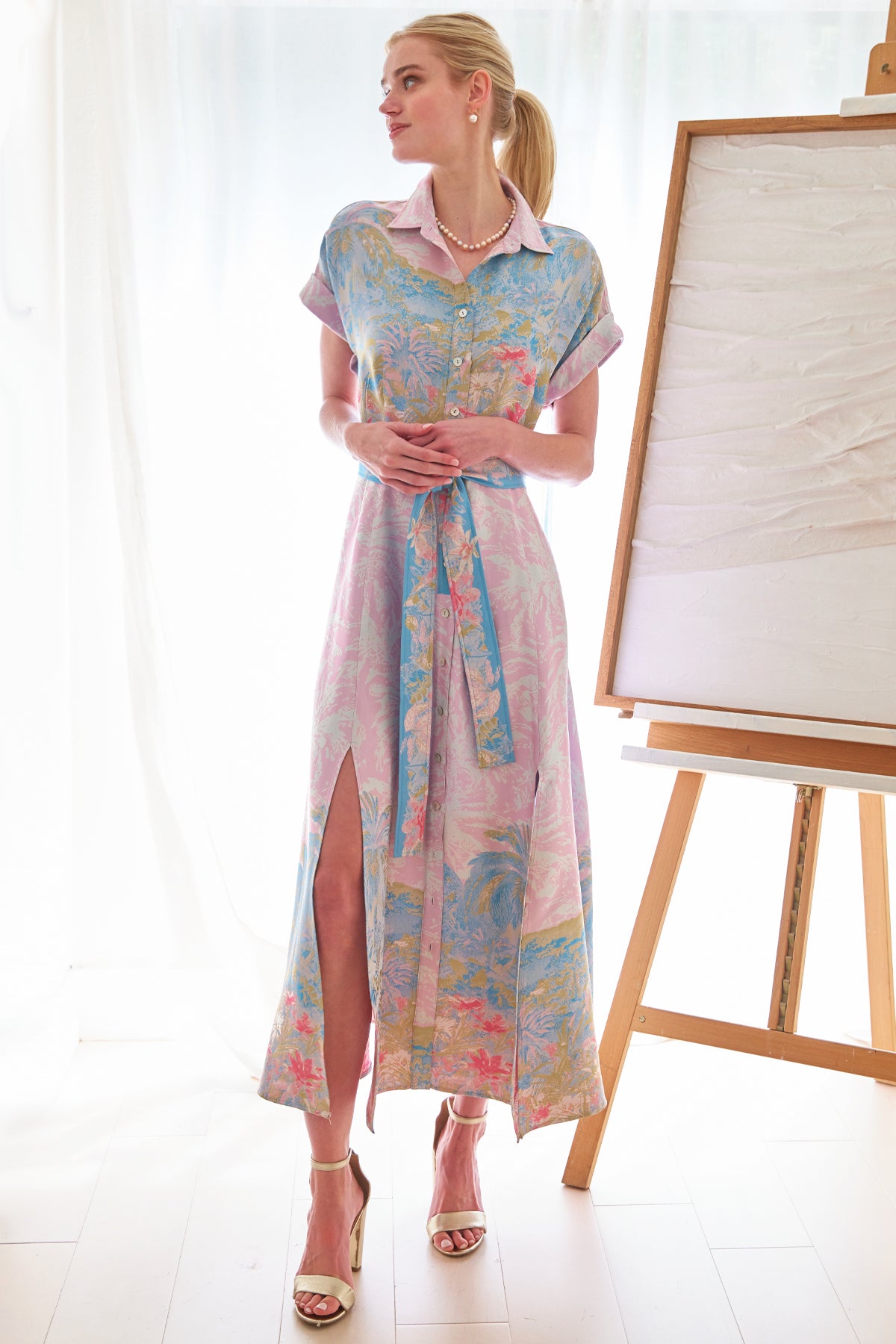 Long Chantal Shirt Dress Pink/Blue Wedding Guest Jacquard