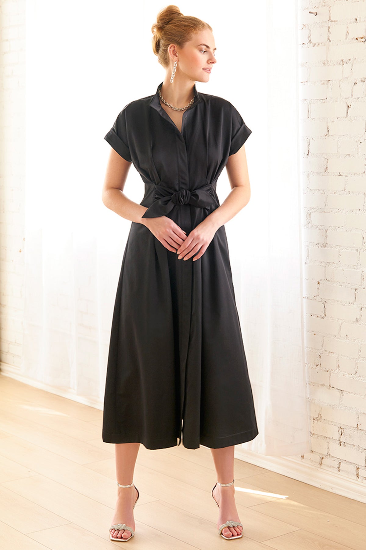 Long Rocky Shirt Dress Black Micro Satin