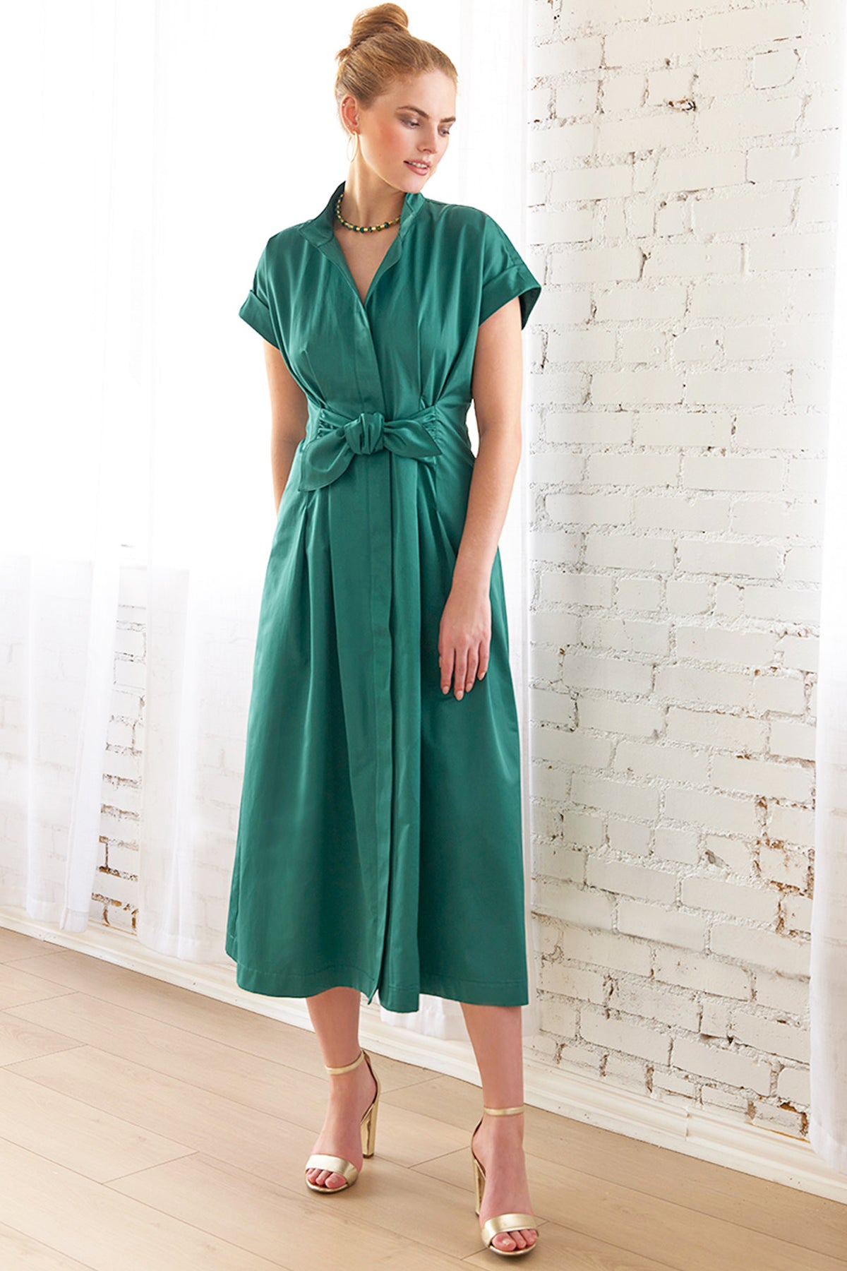 Long Rocky Shirt Dress Emerald Micro Satin