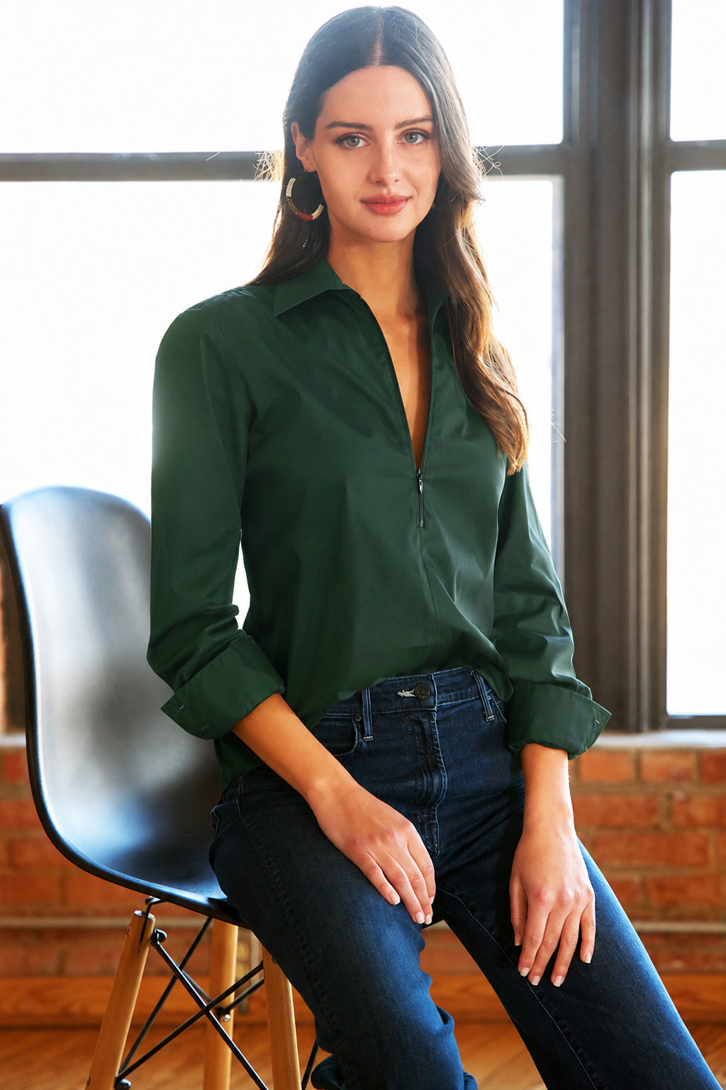 Endora Long Sleeve Half Zip Shirt Pine Green