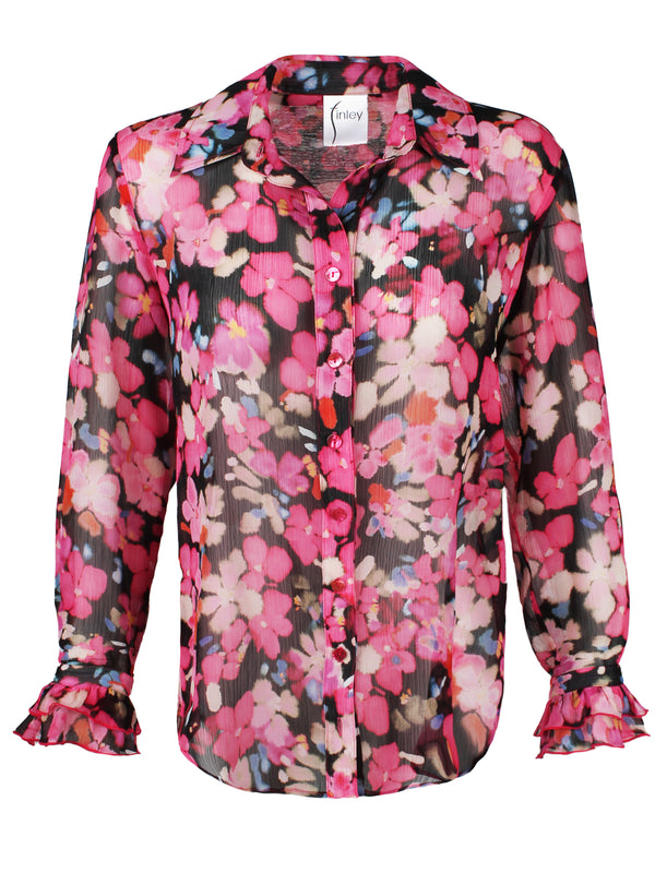 Front view of the Finley Marianne blouse, a red and black floral print button down designer blouse with a tailored fit.