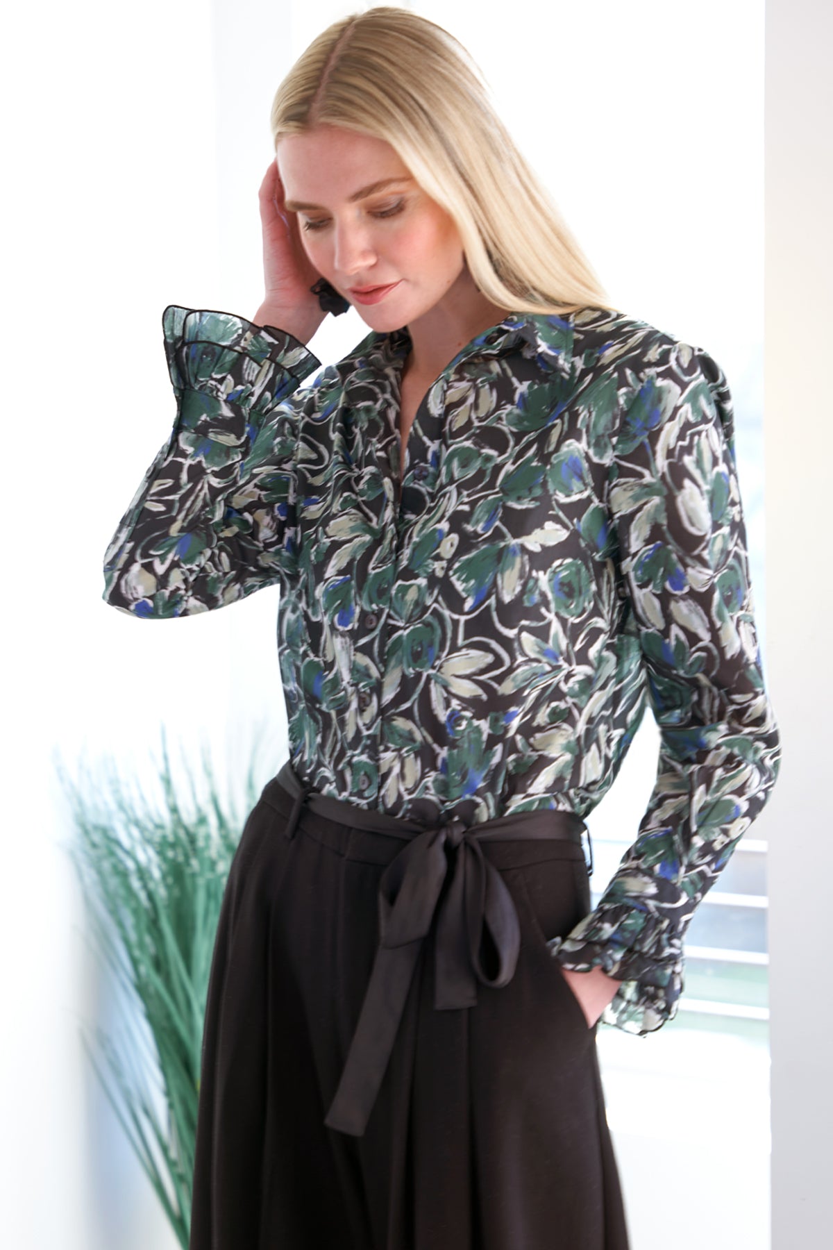 Marianne Shirt Wintergreen Foliage Print