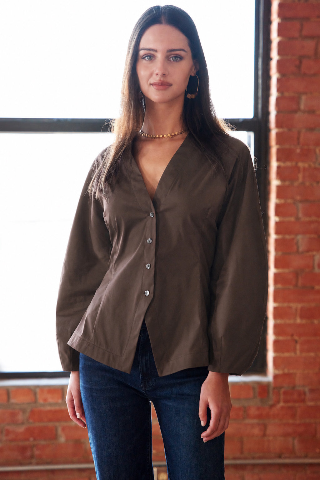 Mia Barrel Sleeve Top, Chocolate Silky Poplin