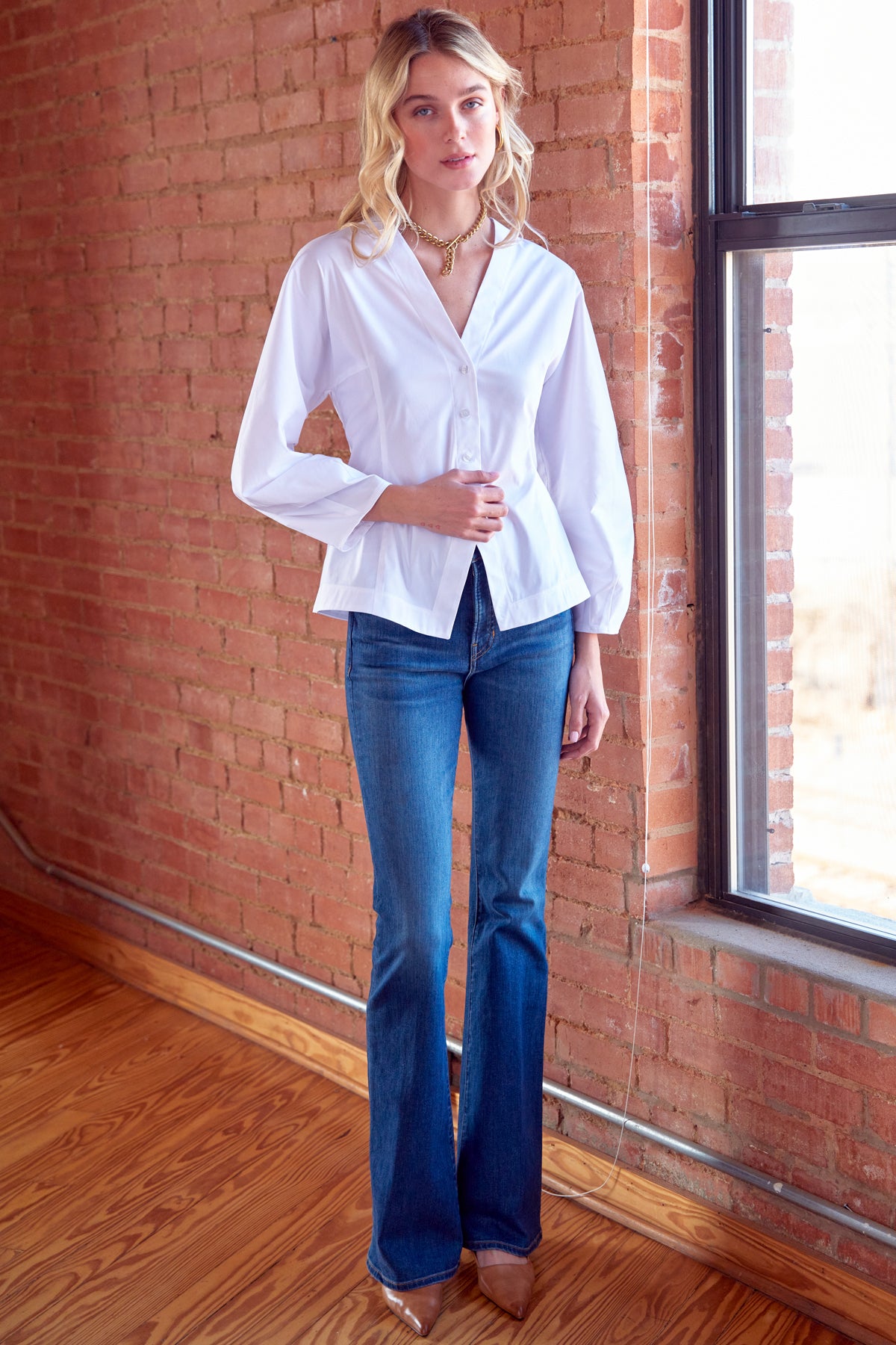 Mia Barrel Sleeve Top, White Silky Poplin
