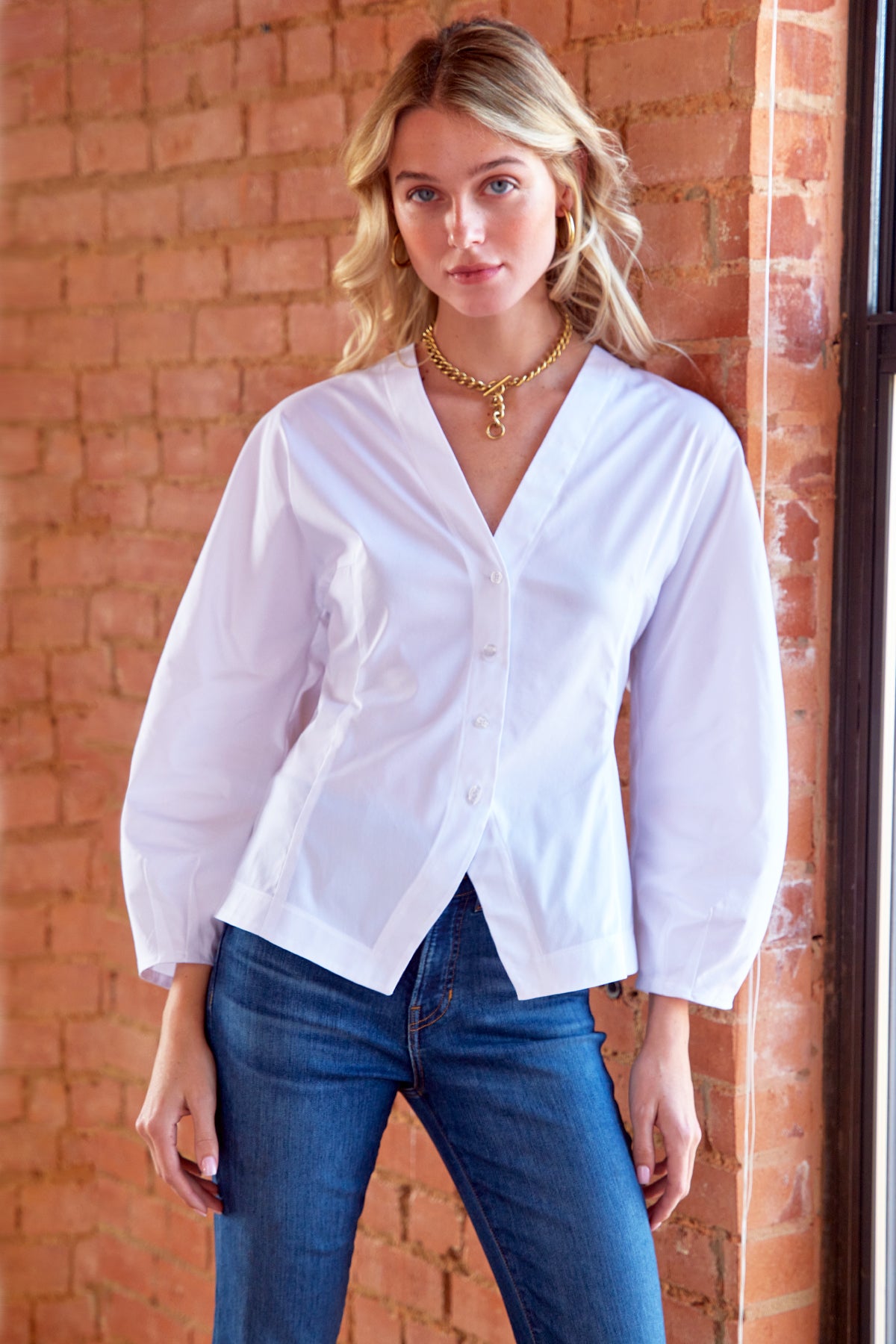 Mia Barrel Sleeve Top, White Silky Poplin