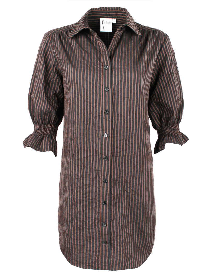 A front view of the Miller dress, a button down brown striped designer shirtdress with a spread collar and elastic puff sleeve detail.