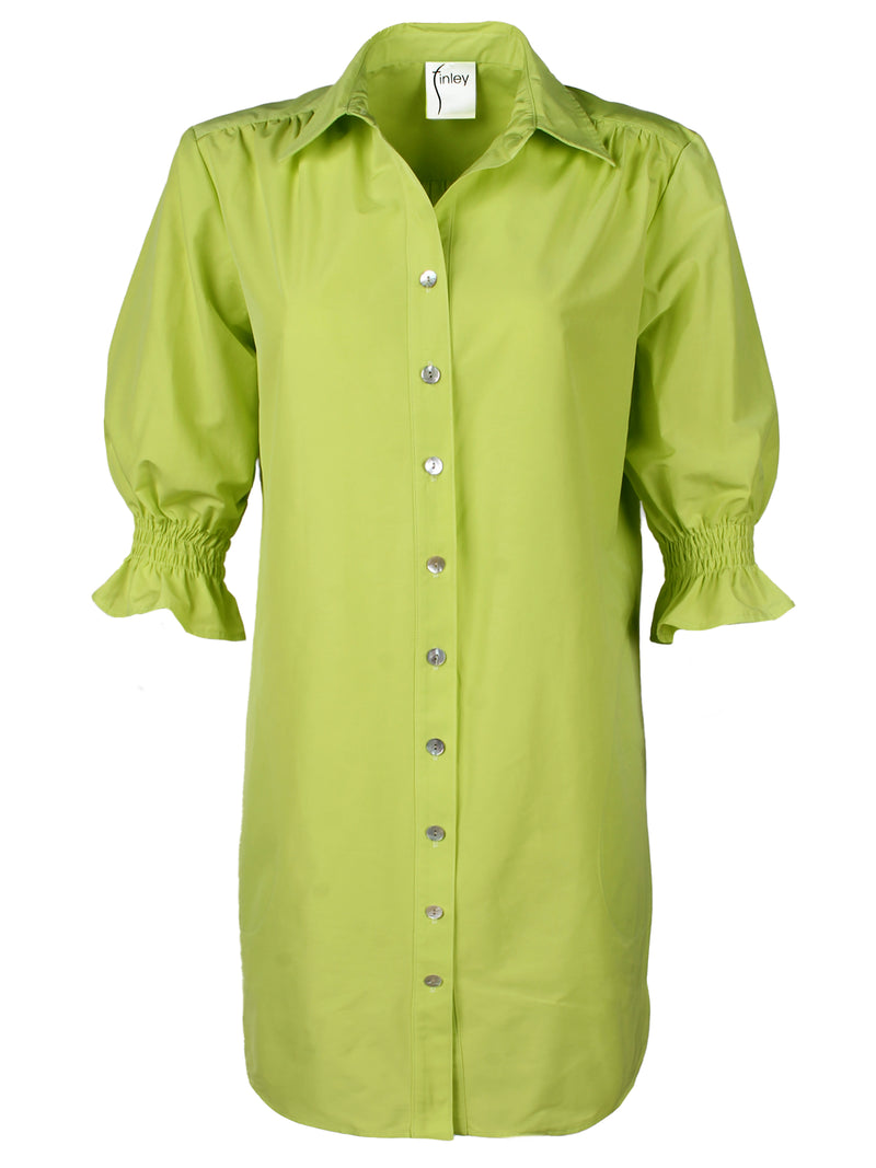A front view of the Finley Miller shirt dress, a neon lime green cotton/poly shirt dress with puff short sleeves, pockets, and a relaxed shape.