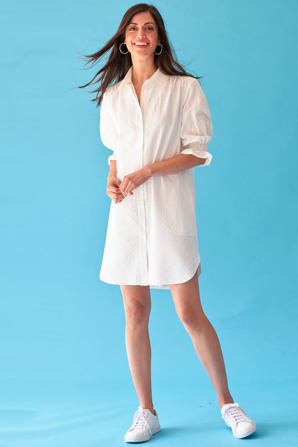 Miller Puff Sleeve Shirt Dress White Eyelet Stripe - Lined
