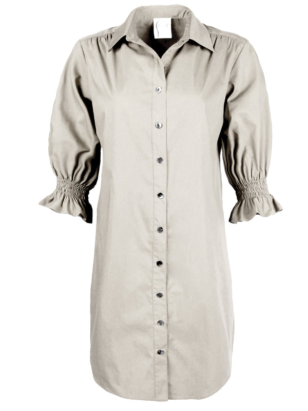 A front view of the Finley Miller shirt dress, a gray poplin button-down shirt dress with a relaxed contour and short puff sleeves.