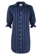 A front view of the Miller dress, a button down navy white striped designer shirtdress with a spread collar and elastic puff sleeve detail.