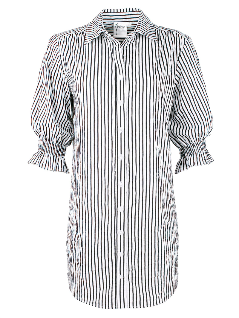 A front view of the Miller dress, a button down black and white striped designer shirtdress with a spread collar and elastic puff sleeve detail.