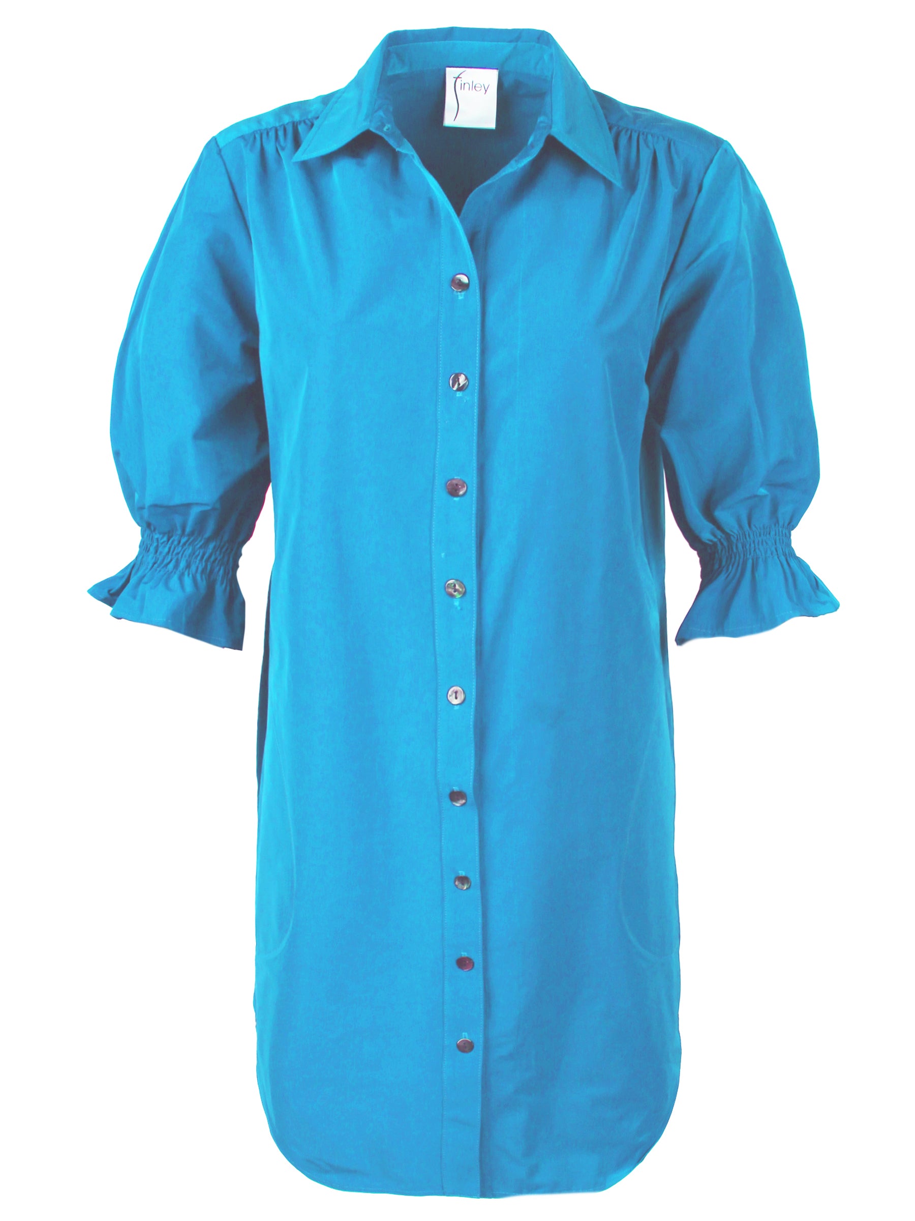 Front view of Finley Miller techy taffeta shirt dress. Button front, spread collar, short puff sleeves, rounded shirttail hem.
