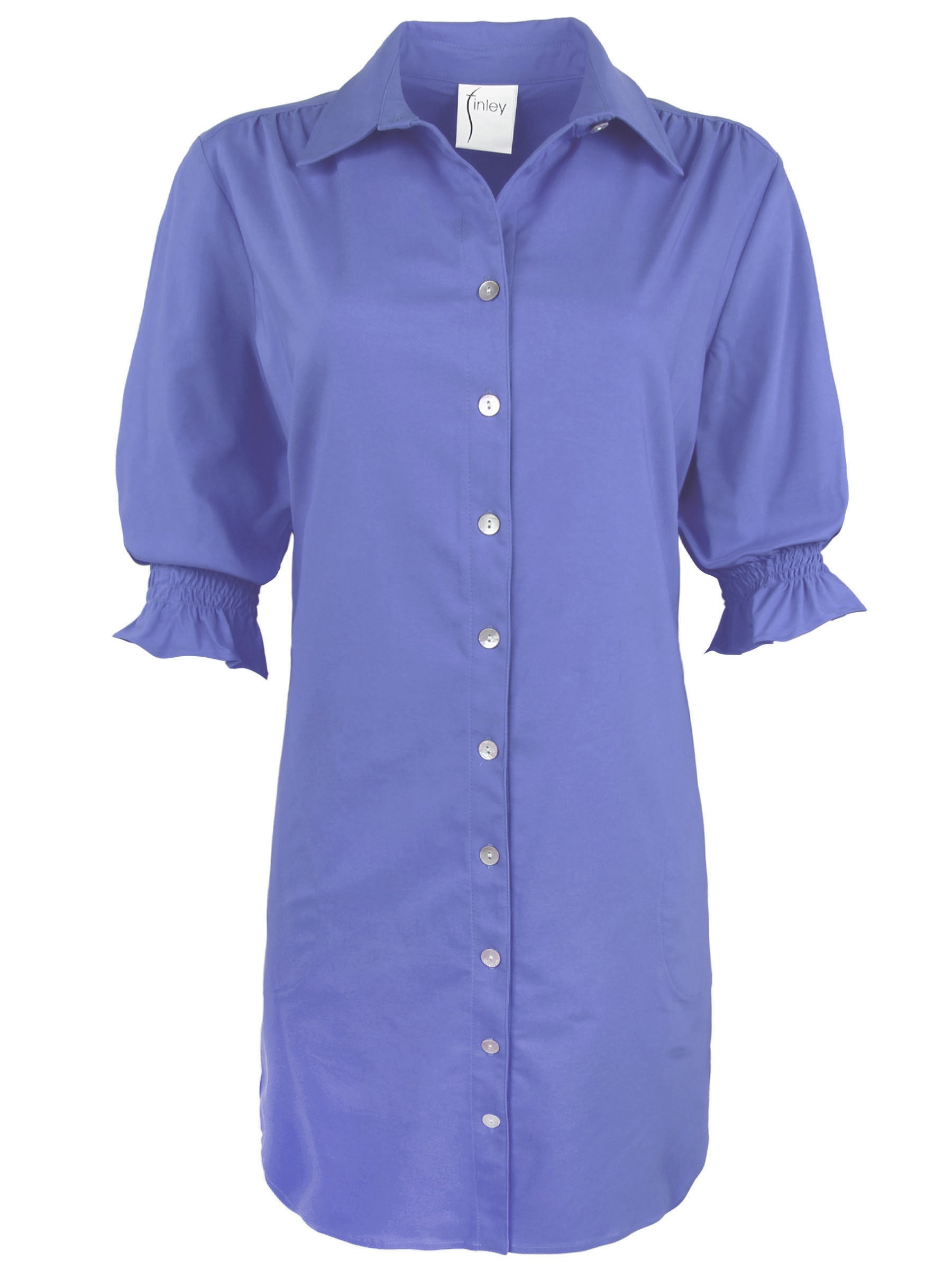 Front view of Finley Miller techy taffeta shirt dress. Button front, spread collar, short puff sleeves, rounded shirttail hem.
