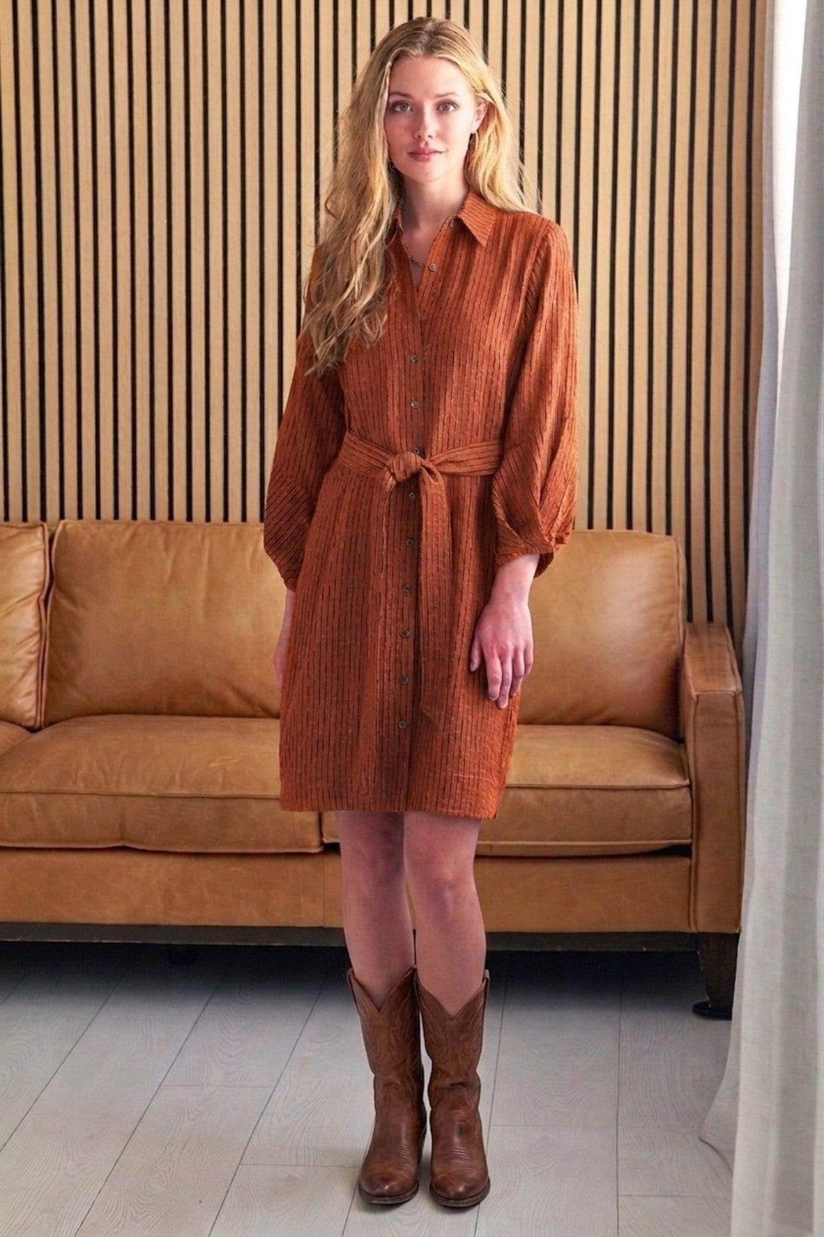 GAMEDAY!! Milo Shirt Dress, Burnt Orange Open Weave Stripe
