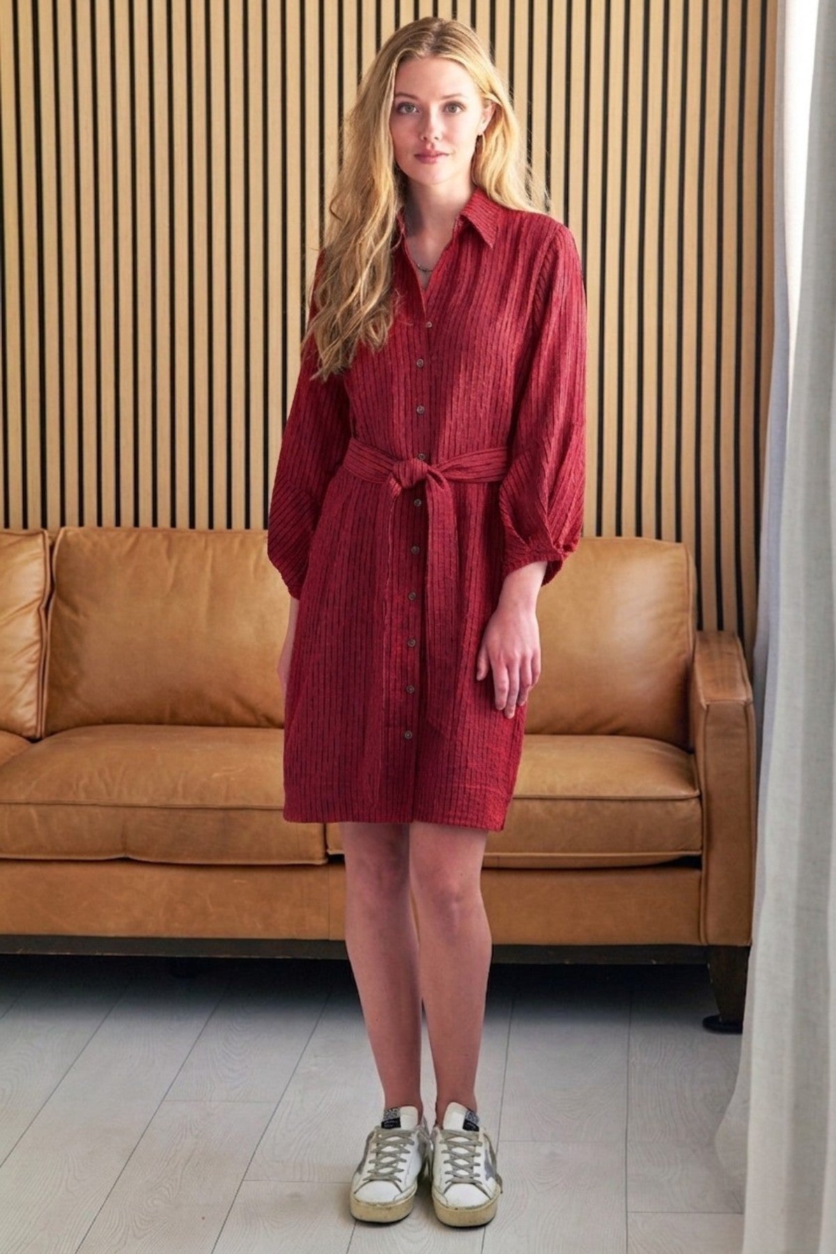 GAMEDAY!! Milo Shirt Dress, Red Open Weave Stripe