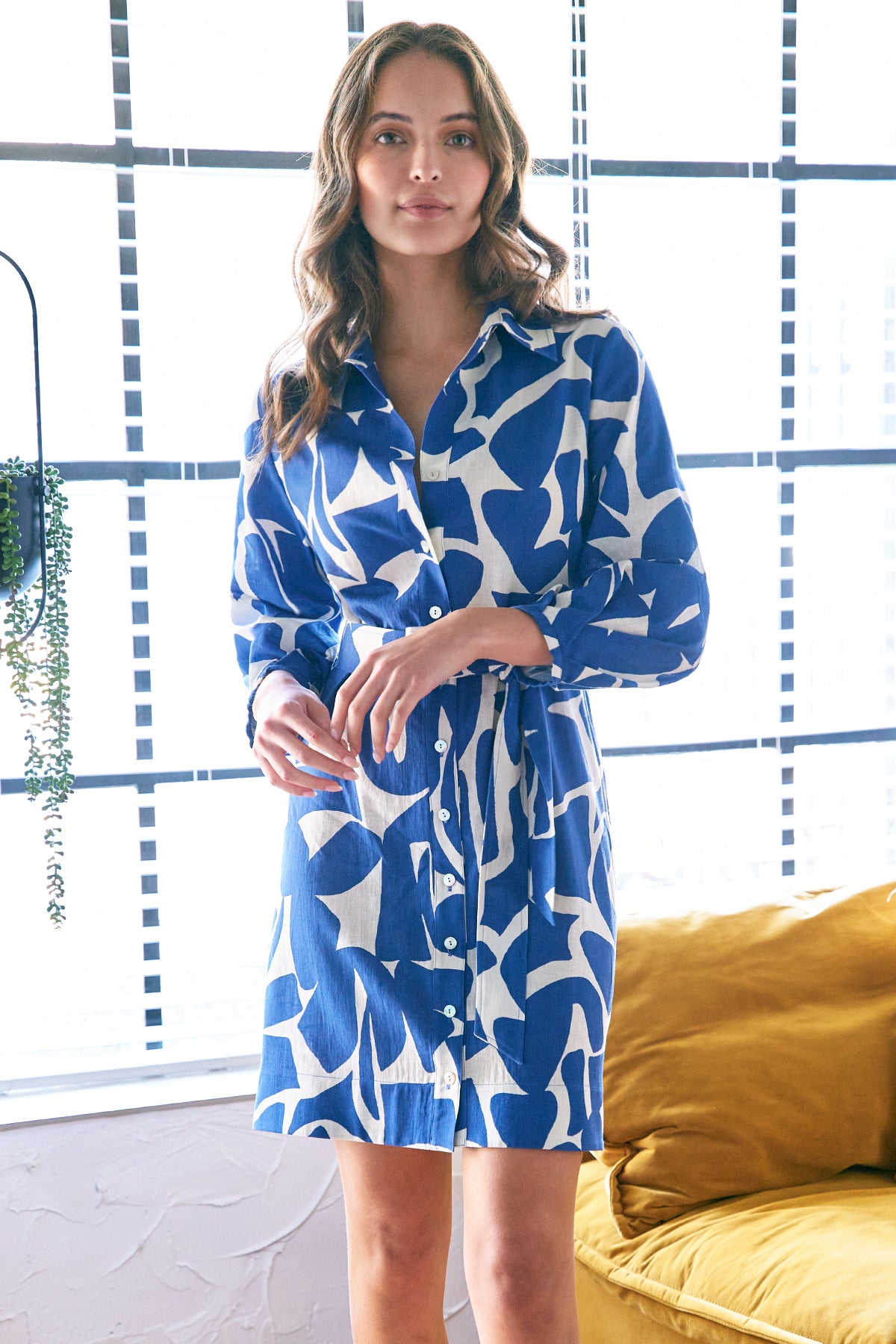 Milo Shirt Dress, Blue/Natural Puzzle Print