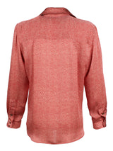 A rear view of the Finley Mini Monica top, a pink & white plaid blouse with long sleeves and a relaxed shape.