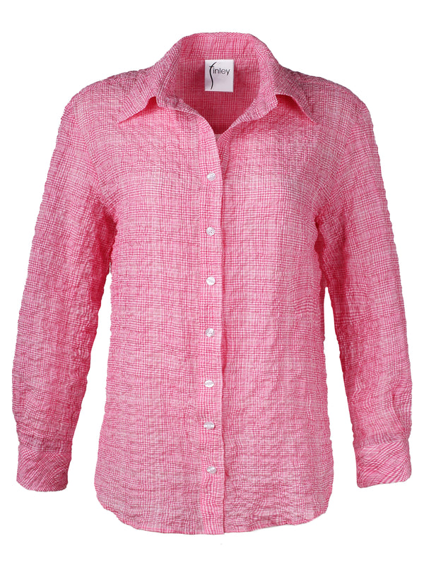 A front view of the Finley Mini Monica top, a pink & white plaid blouse with long sleeves and a relaxed shape.