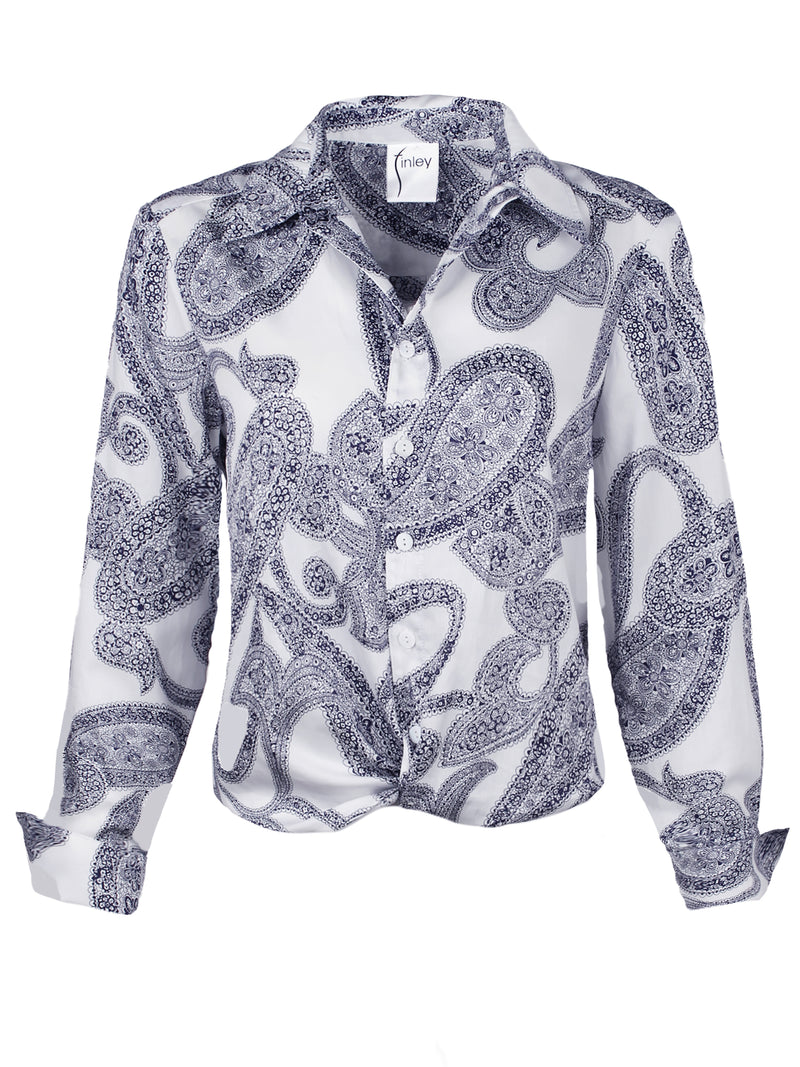 A front view of the Finley Moxie blouse, a 100% cotton sateen long sleeve blouse with a relaxed fit and a navy and gray paisley print.