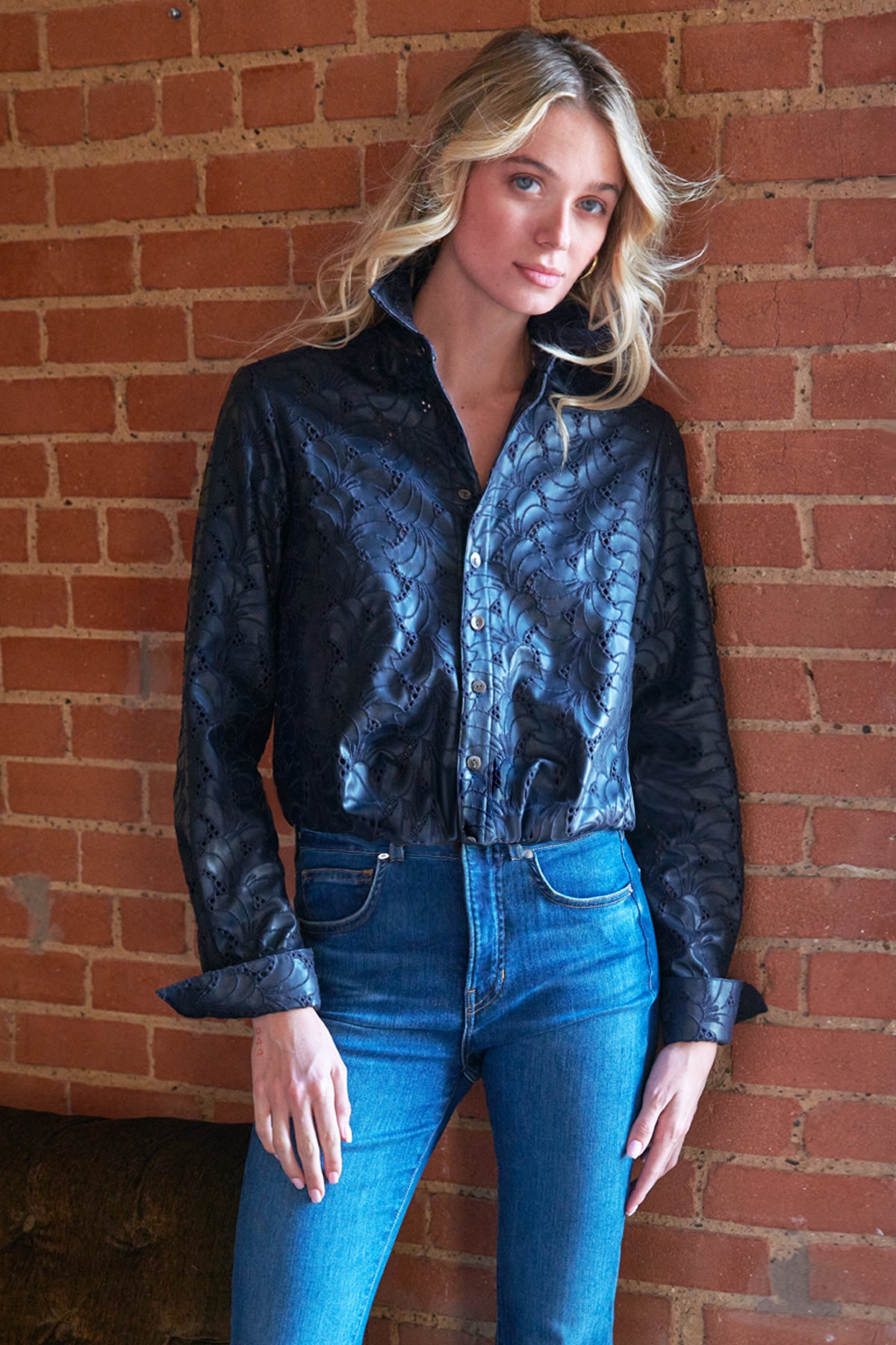 Moxie Shirt Navy Embroidered Vegan Leather