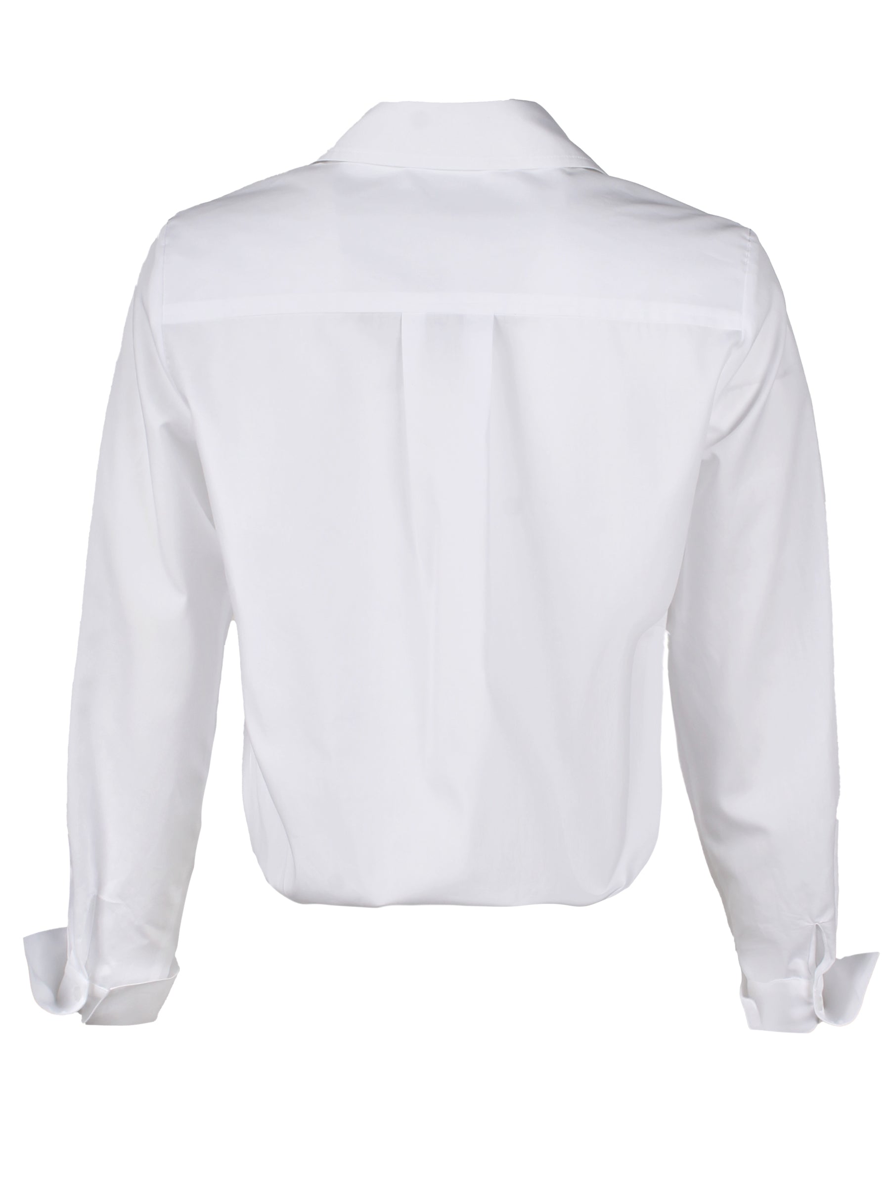 A rear view of Finley Moxie, a cotton sateen blouse with a cropped relaxed shape, a twist hem, and an orange geometric print.