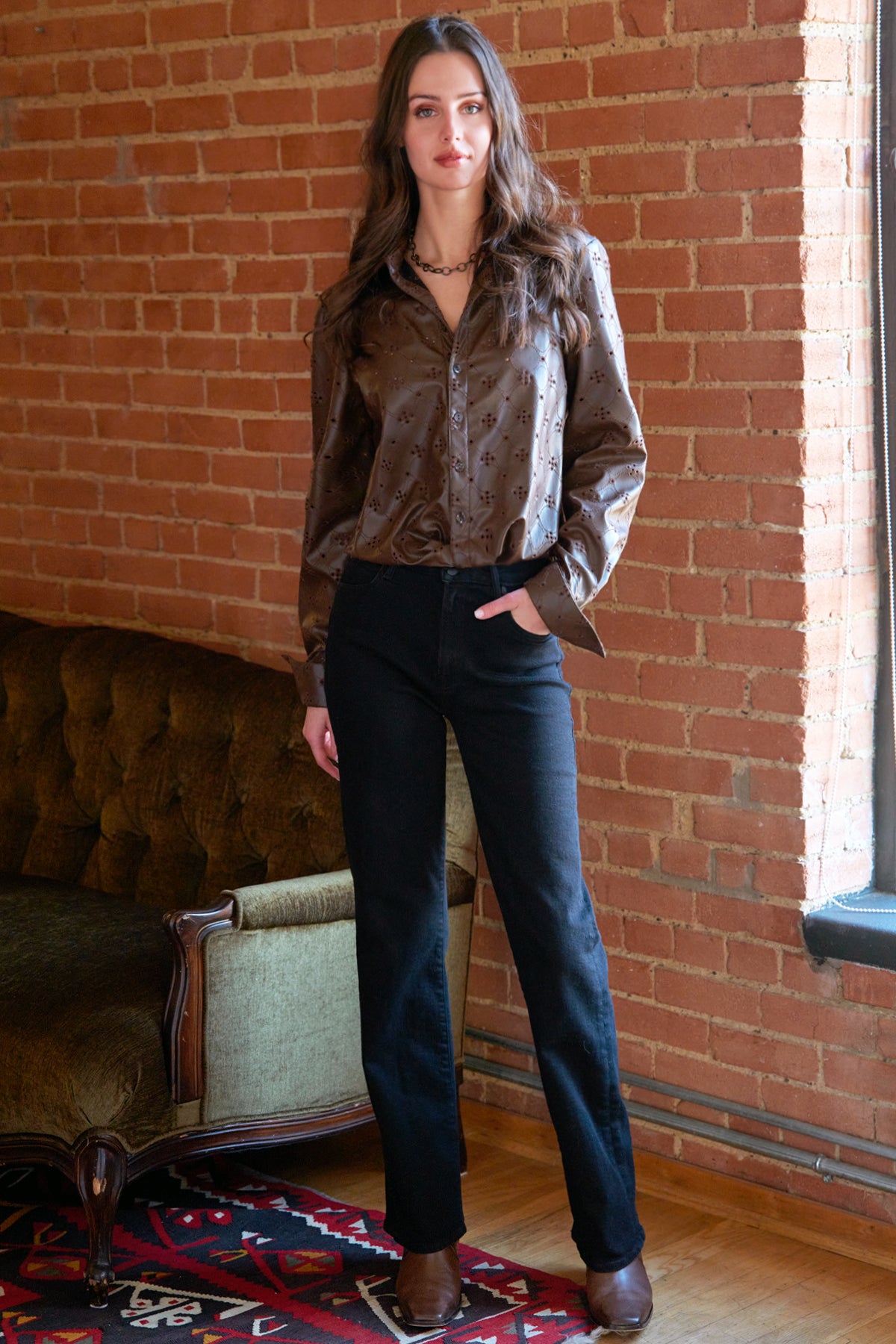 Moxie Shirt Chocolate Brown Embroidered Vegan Leather