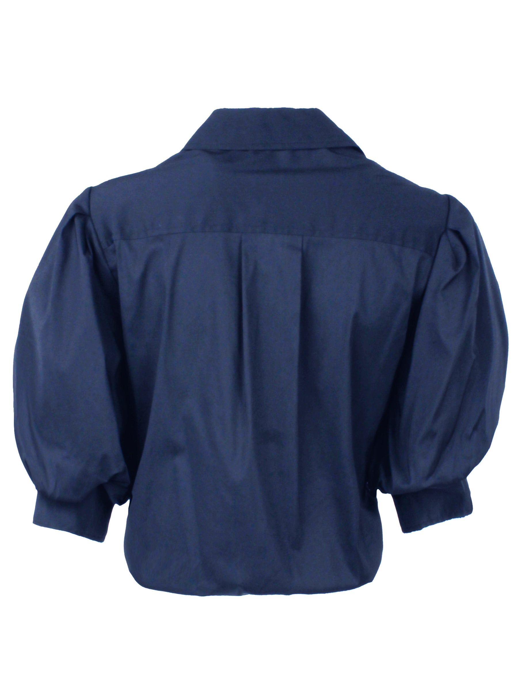 Back view of Finley Bomba navy poplin shirt with box-pleated back yoke and elasticized hem. Cropped, relaxed fit.
